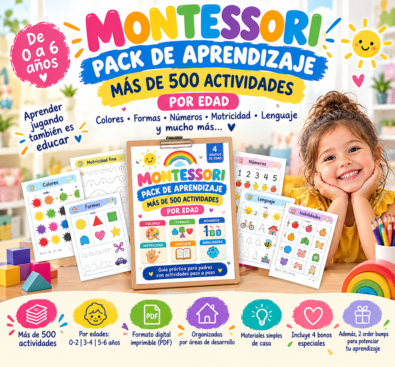 Montessori Pack de Aprendizaje: más de 500 actividades por edad, formato PDF imprimible y 4 bonos incluidos
