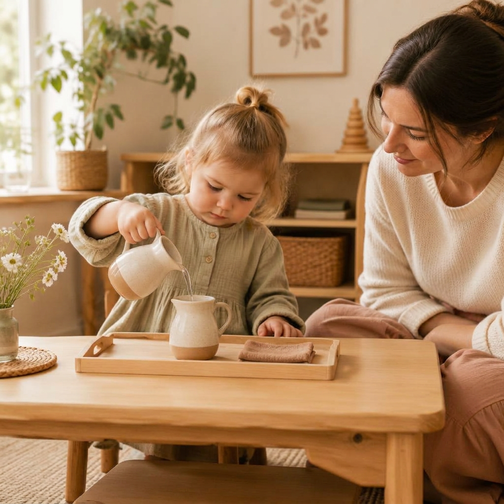 Niña trasvasando agua junto a su madre en una mesa baja